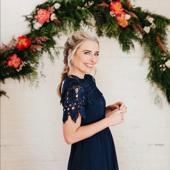 Navy Blue Formal Chiffon Gown with Lace Sleeves - Picture 2 of 6